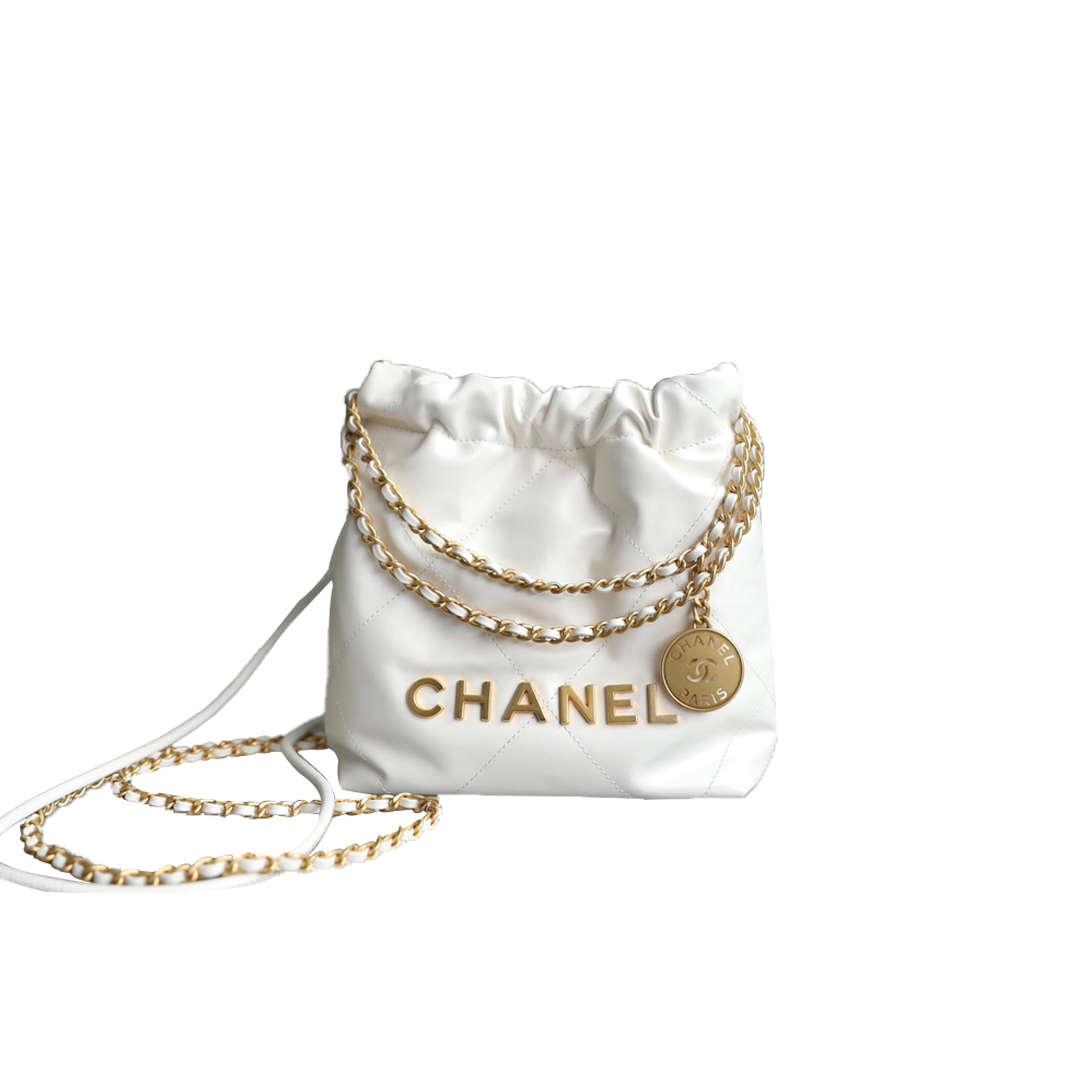 CHANEL MASTER WHITE CALFSKIN QUILTED MINI 22 BAG ANTIQUE GOLD HARDWARE AS3980 (20*19*6cm)